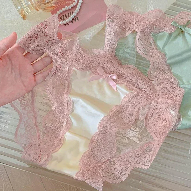 Французские полупрозрачные кружевные трусики, женские весенние удобные сексуальные хлопковые женские трусы с бантом, женские сексуальные кружевные трусики