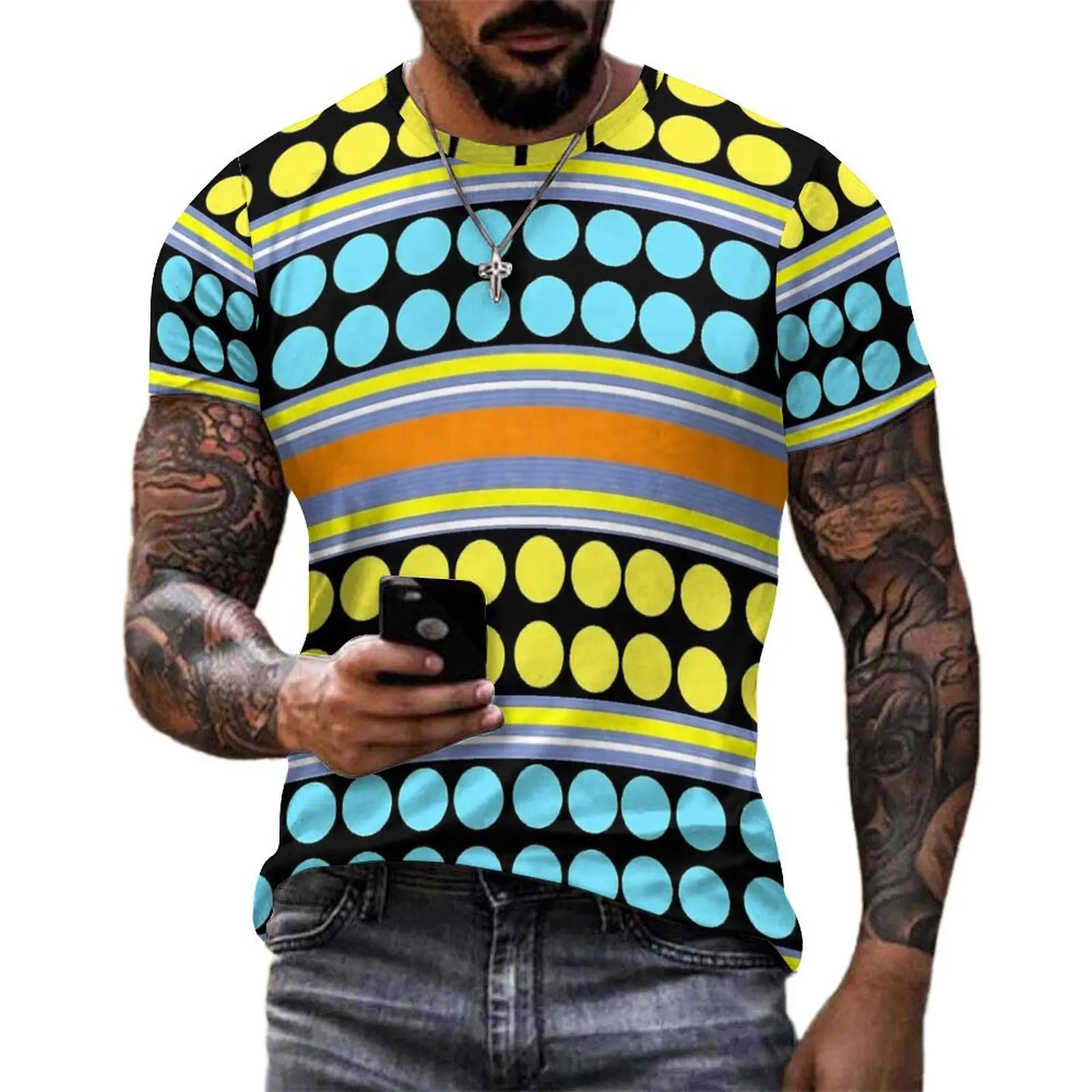 Man Striped Polka Dot T-Shirt Yellow Blue Fashion T-Shirts Short Sleeve Custom Tops Cheap Beach Streetwear Oversize Tees