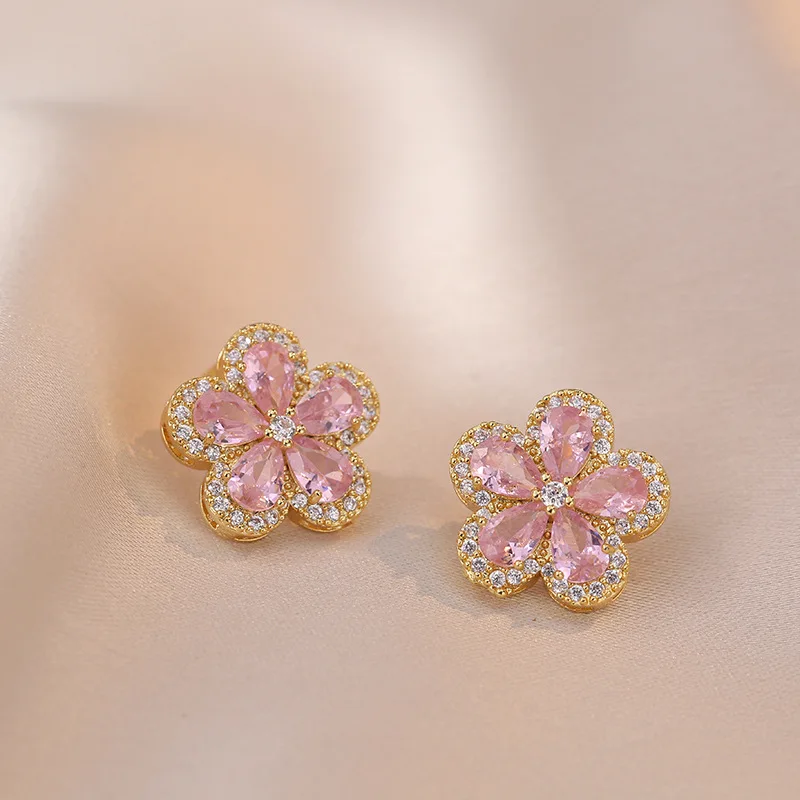 Luxurious Pink CZ Zircon Five-leaf Flower Earrings Women\'s Exquisite Design Simple Pendant Necklace Birthday Gift Jewelry