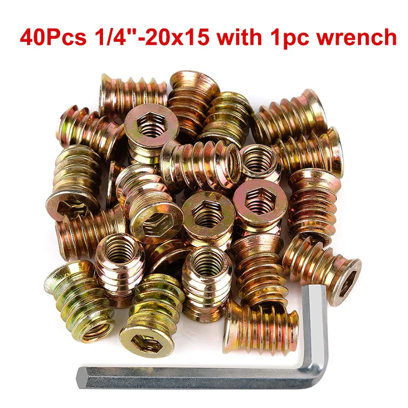 

40Pcs 1/4-20x15mm Hex Drive Threaded Inserts for Wood Zinc Plated Carbon Steel Furniture Screw Nut Inserts with Wrench