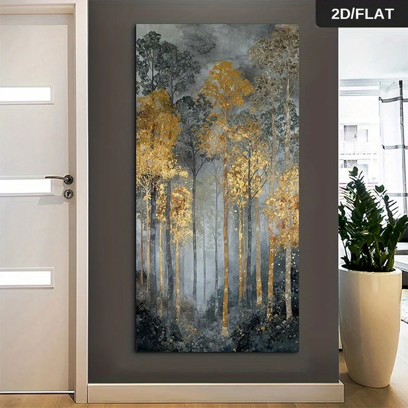 1pc frameless Canvas Painting 2D/Flat Modern Golden Trees in Misty Forest Canvas Painting - Frameless Abstract Golden/Black/Beig