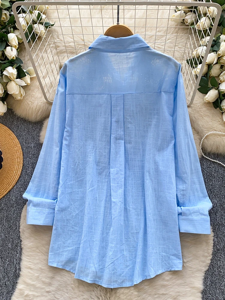 Spring Autumn New Embroidered Hollow Breathable Cotton Hemp Shirt Women\'s Long Sleeve Loose Versatile Commuter Cardigan Top D83