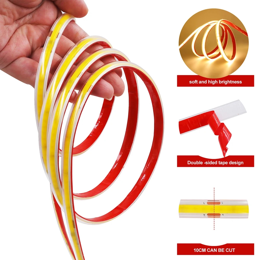 220V COB LED Strip Light with Switch EU Power Plug 2Pin Wire 240LEDs Waterproof Bright Flexible Adhesive Tape LED Lighting Decor