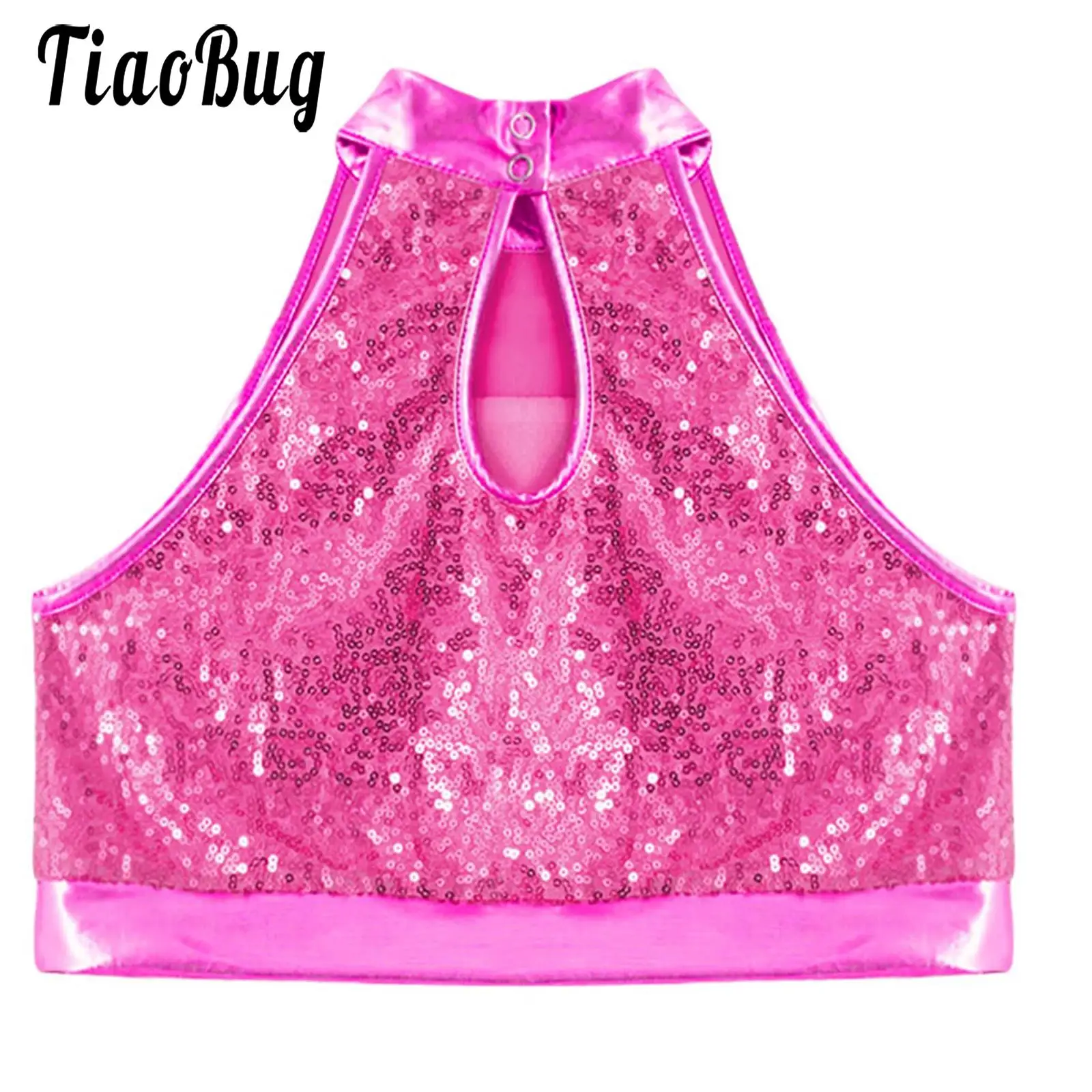 Kids Girls Jazz Modern Samba Tango Dance Tops Performance Costume Shiny Sleeveless Mock Neck Glitter Sequin Crop Top Dancewear