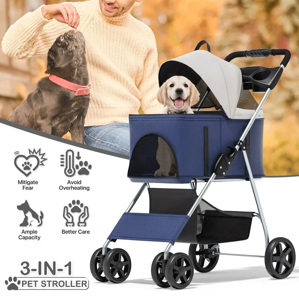 

In 1 Foldable Pet Stroller For Small Medium Dogs, Detachable Carrier, Car Seat, Push Button Entry, 4Wheel Jogger For Pets To