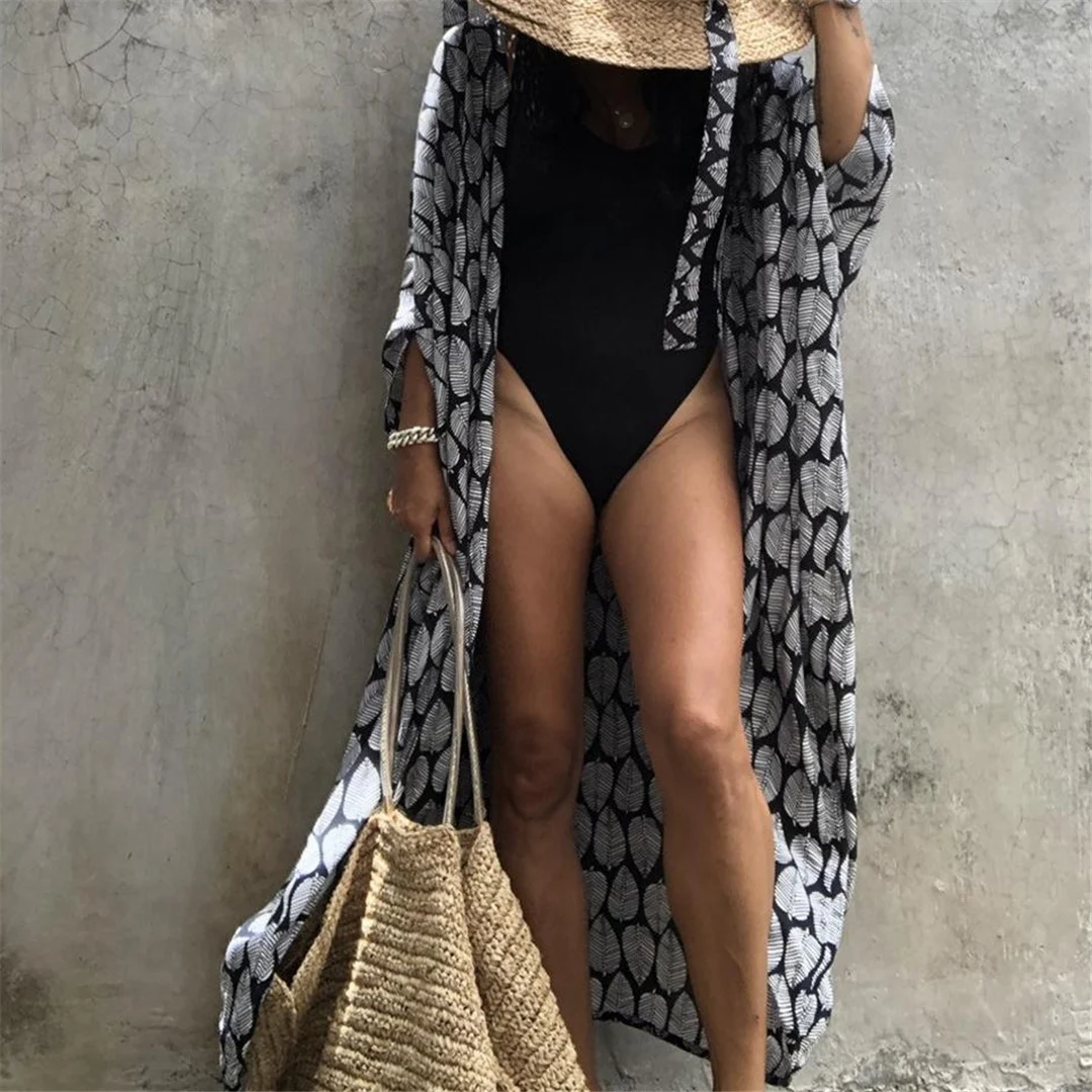 7-farbiges Blättermuster mit Gürtel, halblange Tunika, Strandkleid, Strandmode, Damen V4511 – Detail 9
