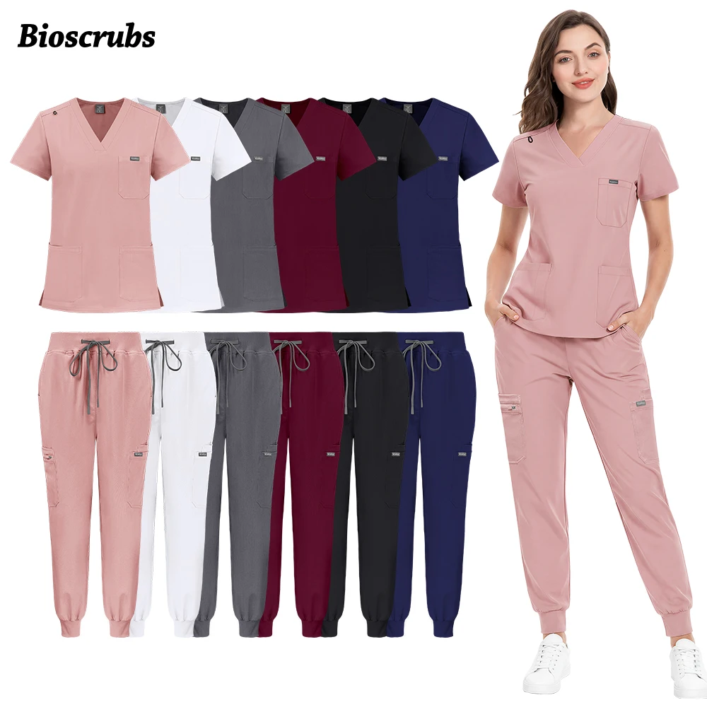 Unisex Clinical Workwear Hospital Doctor Uniforms Medical Scrubs Set V-neck Tops+Jogging Pants Dentist Clothes Surgery Work Suit