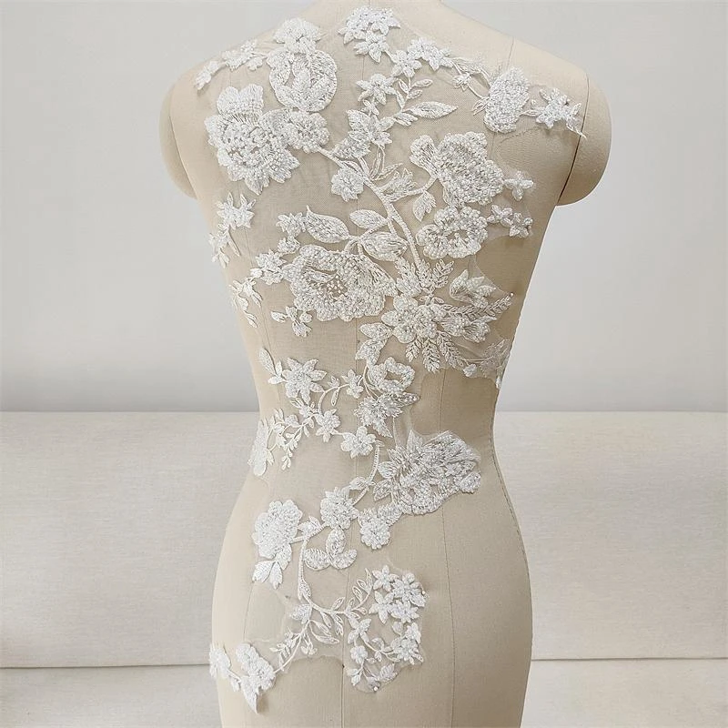 Off White Ivory Embroided Patches Big Flower Patch Embroidered Large Dress Patch Beading Luxury Lace Applique 2024