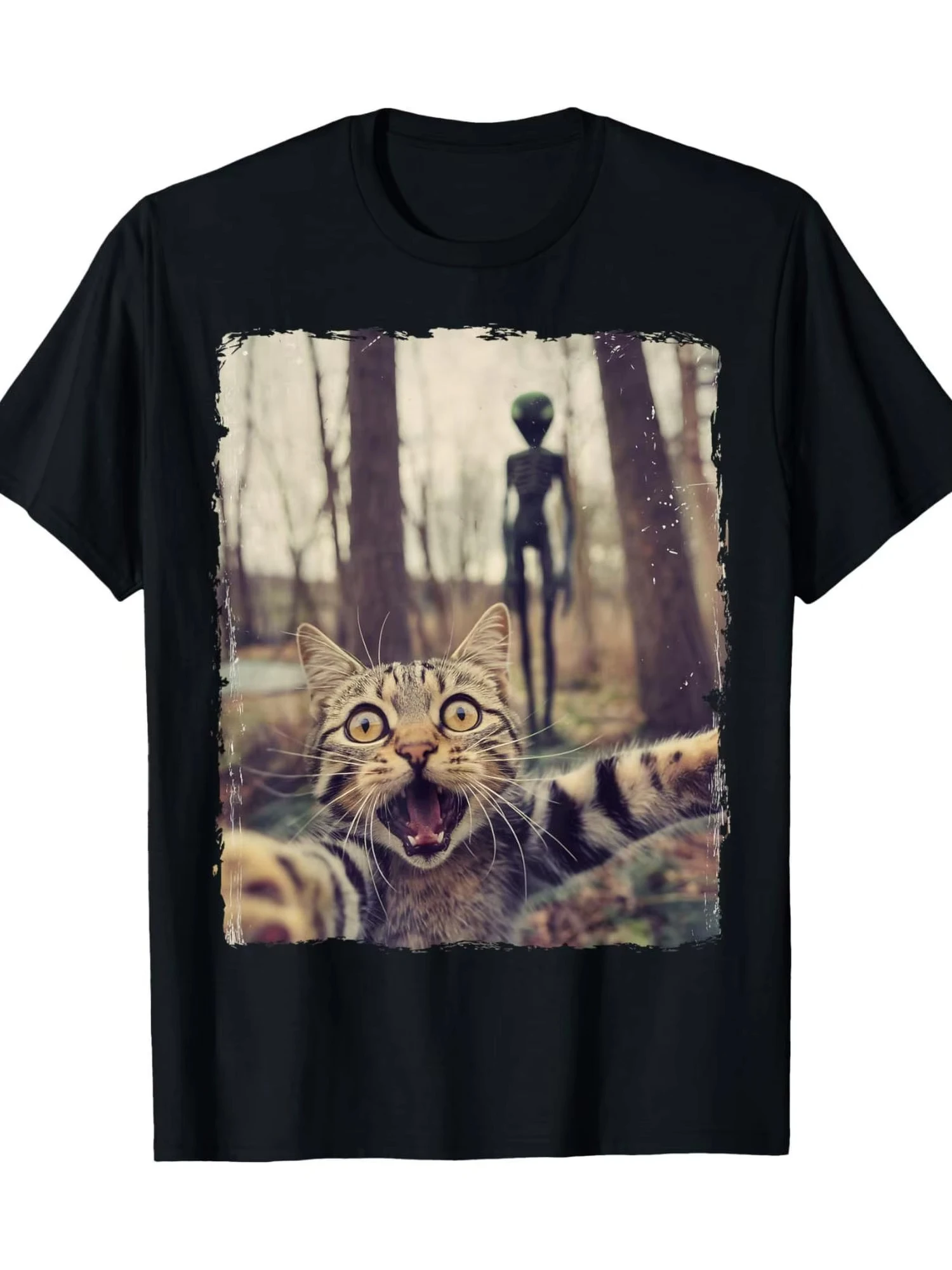 

Men Funny Cat Alien UFO Graphic T-Shirt - Black Crew Neck Short Sleeve Tee Breathable Cotton with Slight Stretch