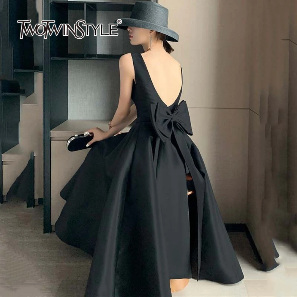 

TWOTWINSTYLE Solid Spliced Bowknot Elegant Dresses for Women Square Neck Sleeveless Backless High Waist Evening Dress Female New