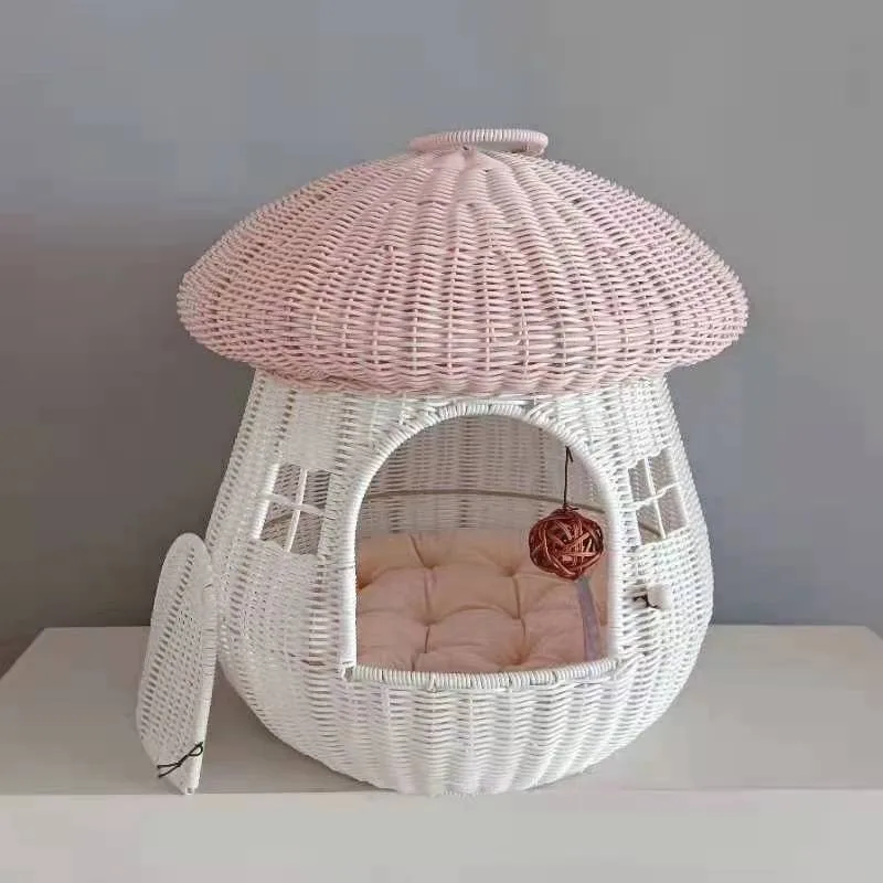Enclosed Outdoor Dual Use Wicker Pet Bed Mushroom House Cat Dog Nest Dog Kennel Pet Bed Cat's House Pet Supplies Pet Cat Bed