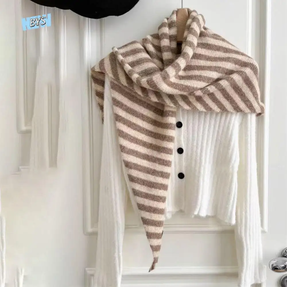 

Fashion Korean Style Striped Scarf Cashmere Plush Knitted Triangle Scarf Windproof Thickened Cape Wraps Autumn Winter