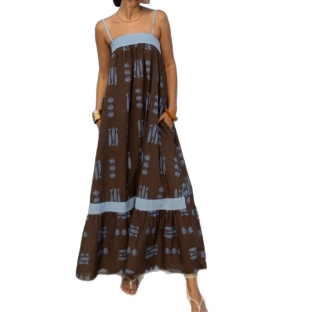 MsChuh Temperament Women Casual Dresses A-line Dress Spaghetti Strap Vestidos For Woman Vacation Holiday Printed Contrast Simple 6