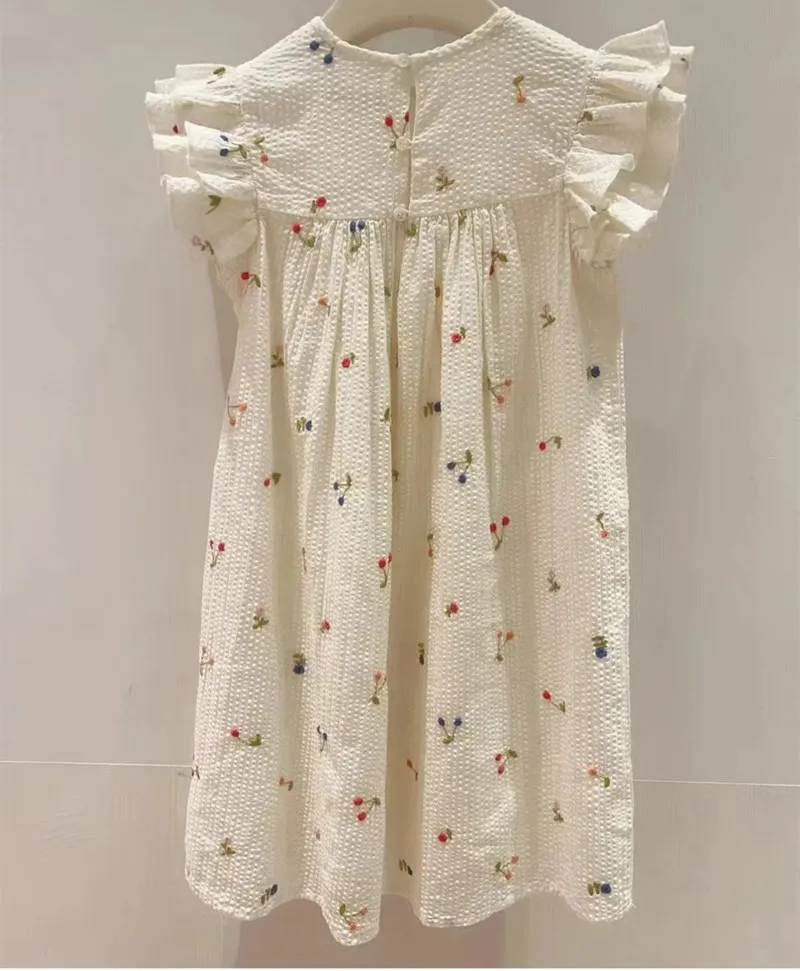 2024 BP Summer Floral Dress for Girls Cherry Embroidery Dress Children\'s Set Bohemian White Dress