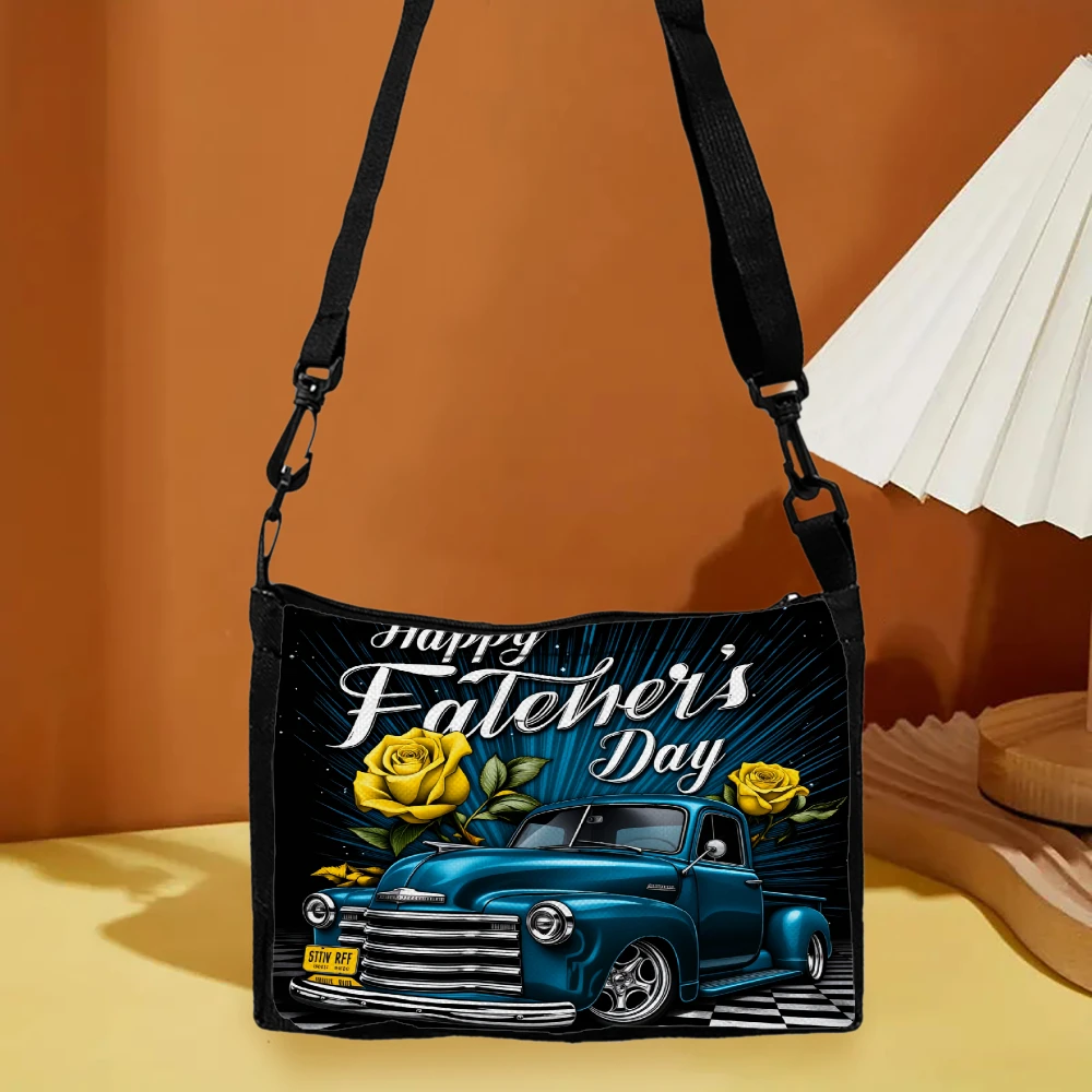Classic Vintage Truck Happy Fathers Day Design Crossbody Bag Black With Yellow Roses And Blue Car Print Shoulder Bags For Men Wo