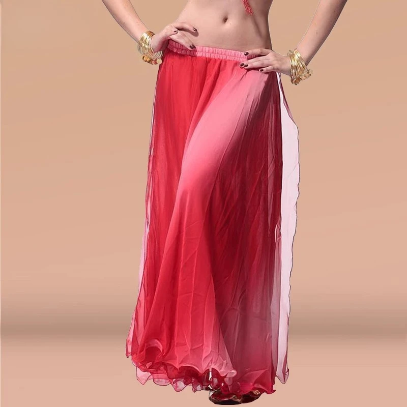 カスタマイズされたベリーダンス衣装グラデーションカラー二層スリットロールエッジスカートベリーカラフルなスリットスカートダンスビッグスイングスカート