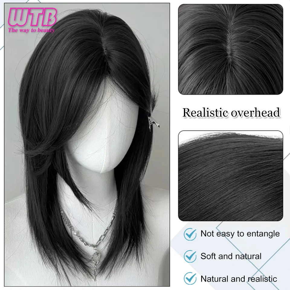 Perucas curtas de tainha com franja para homens, cabelo liso sintético anime, cabelo preto, resistente ao calor, cosplay de festa diária