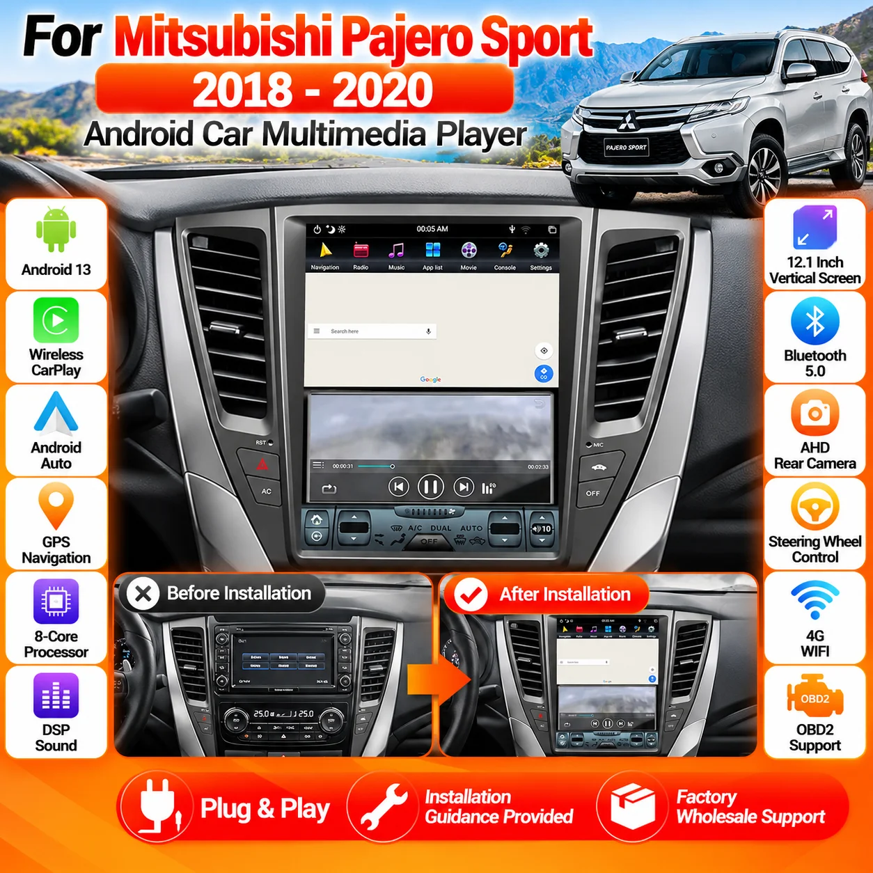 CarPlay For Mitsubishi Pajero Sport 2 L200 2018-2020 Triton Android Radio Multimedia Car Recorder Stereo Player GPS Head Unit