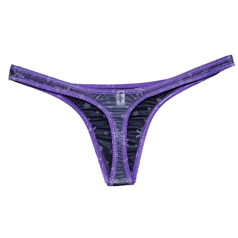 Sexy PVC White Clear Chic Thong Snowflake Graphics Light Purple Border Low Waist T-back  Erotic Lingerie