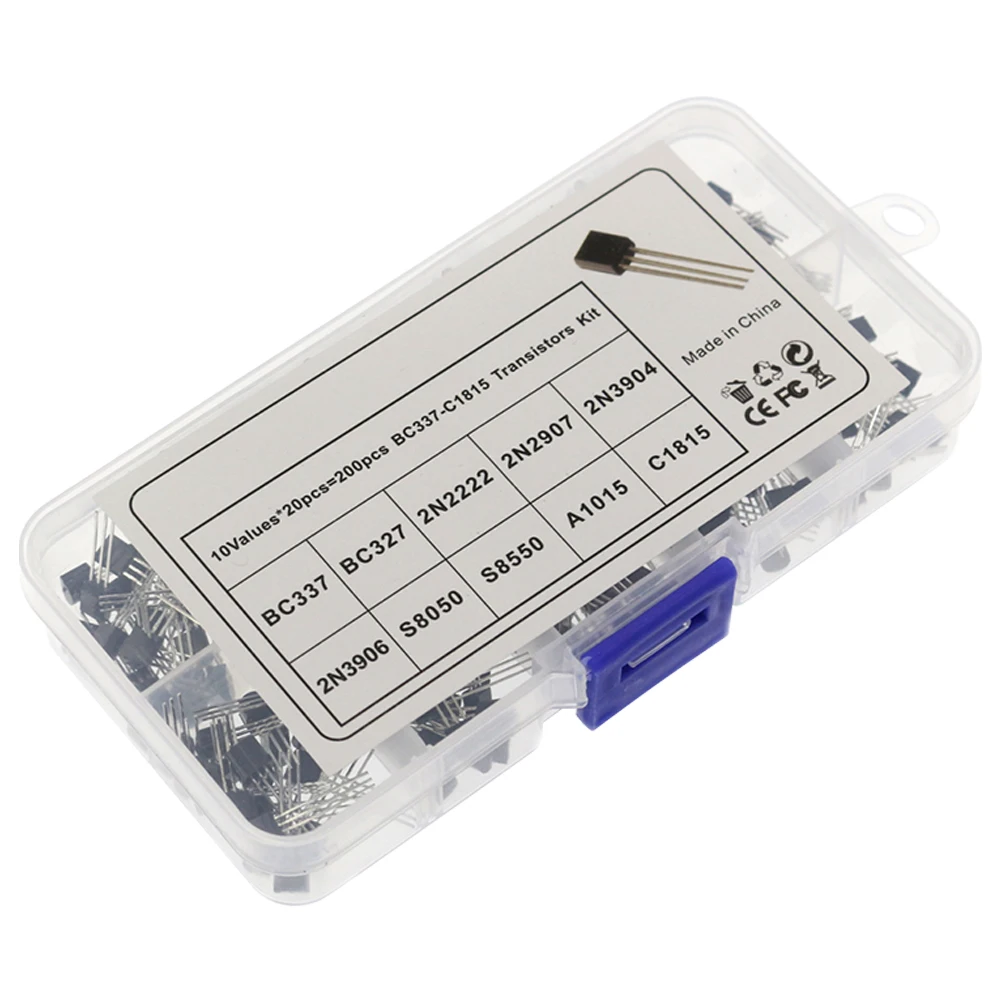ชุดทรานซิสเตอร์แบบคละ 200 ชิ้น 10 ค่า แบบ TO-92 PNP NPN 2N2222 2N2907 2N3904 2N3906 S8050 S8550 A1015 C1815