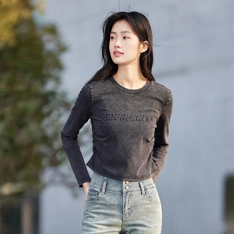 Semir 2024 Long-Sleeved T-Shirt Women Short Old Retro Tight 2024 New Spring Street Letter Pullover Trendy And Cool