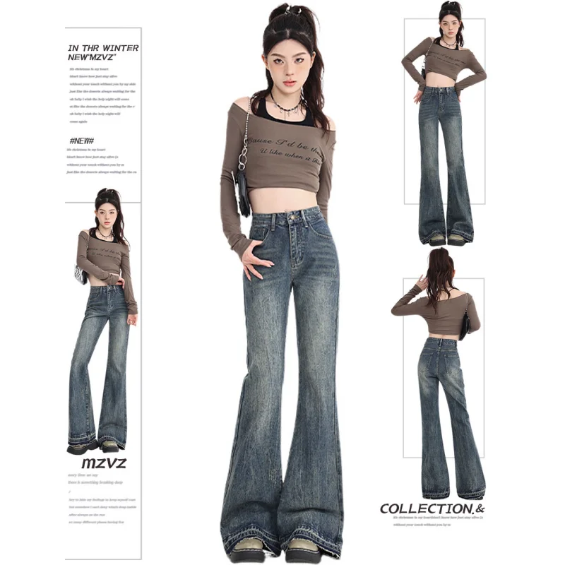 

Y2K Flared Pants Blue Design Women's Jeans Europe and America Solid Straight Leg Pants Street Vintage Female Summer Trousers