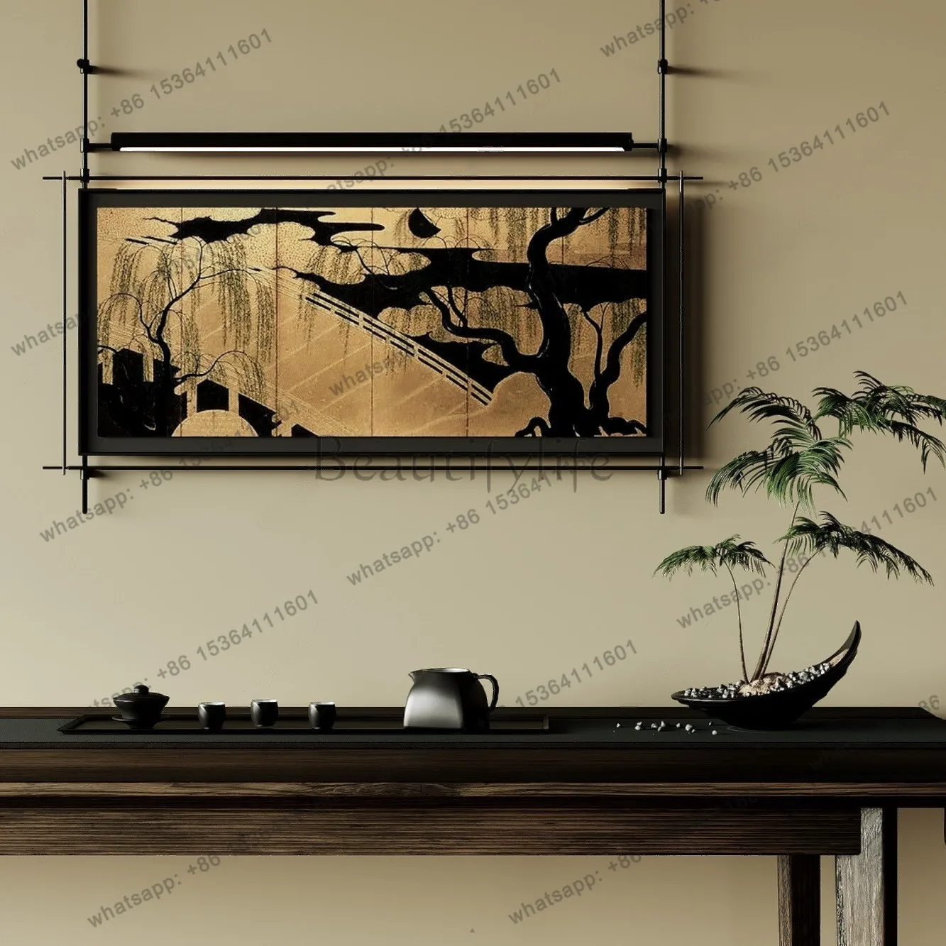 Modern light luxury hand-painted Chinese landscape decorative painting background wall high-end mural lamp
