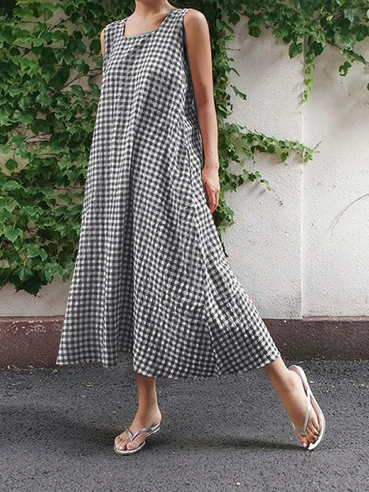 2025 ZANZEA Robe d'été élégante col carré sans manches Robe d'été femmes Plaid à carreaux robes bohême ample vacances Robe caftan