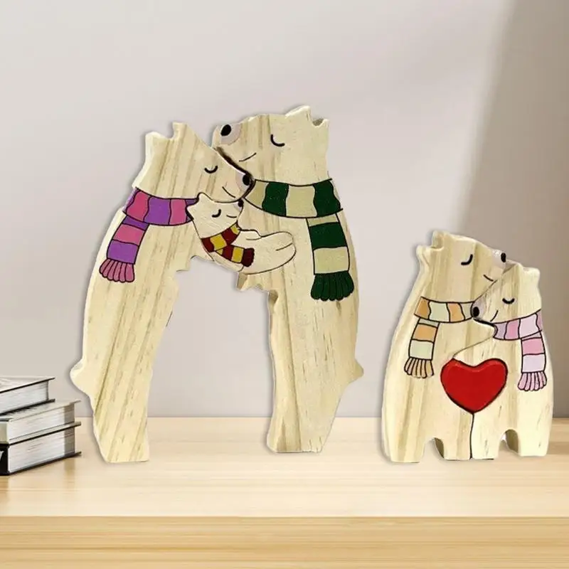 Wooden Puzzle Cute Cartoon Bear Jigsaw Puzzle With Scarf And Heart Decorative Wooden Animal Sculpture Tabletop Centerpieces