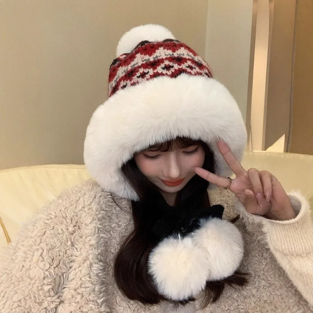 

Retro Thick Knitted Plush Hat Windproof Warm Ear Protection Hat Ball Ethnic Style Pullover Beanie Hat Outdoor