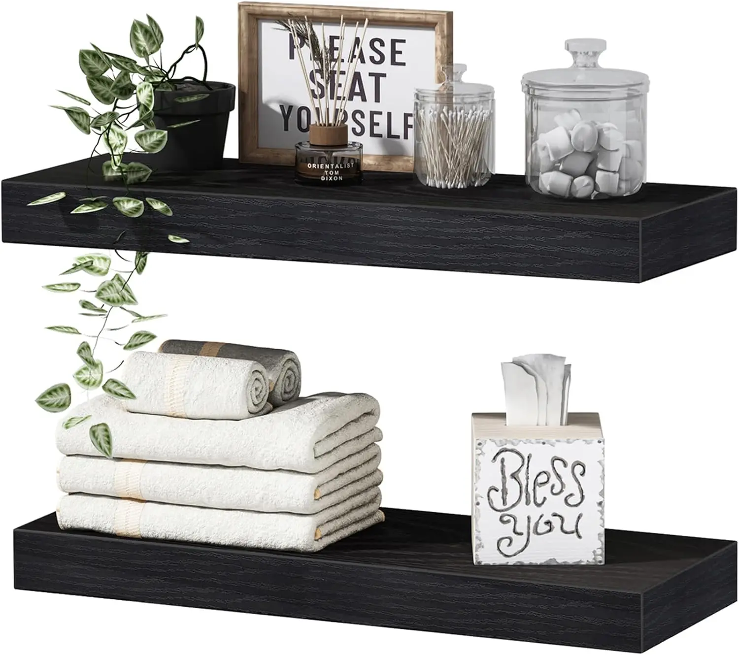 

Floating Shelves Set of 2, Black - Wall Mounted Over Toilet for Farmhouse Decor, 15.7x6.7 Inches
