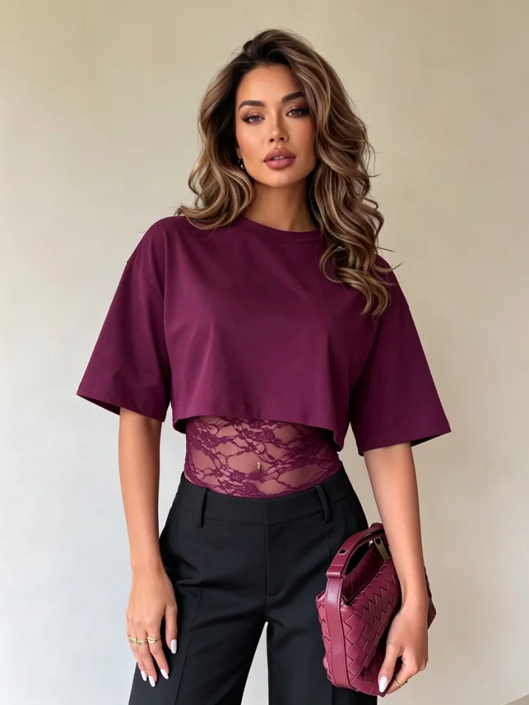 Y2K Sweet Crew Neck Half Sleeve Cropped Tee, Side Slit Cuff Floral Sheer Lace Cinched Waist Faux Two Piece Street Women Top