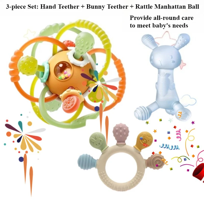 Food Grade Silicone Teether Set, Bunny + Hand Ring + Manhattan Ball, All-round Gum Care Chew Toy for Teething Newborn