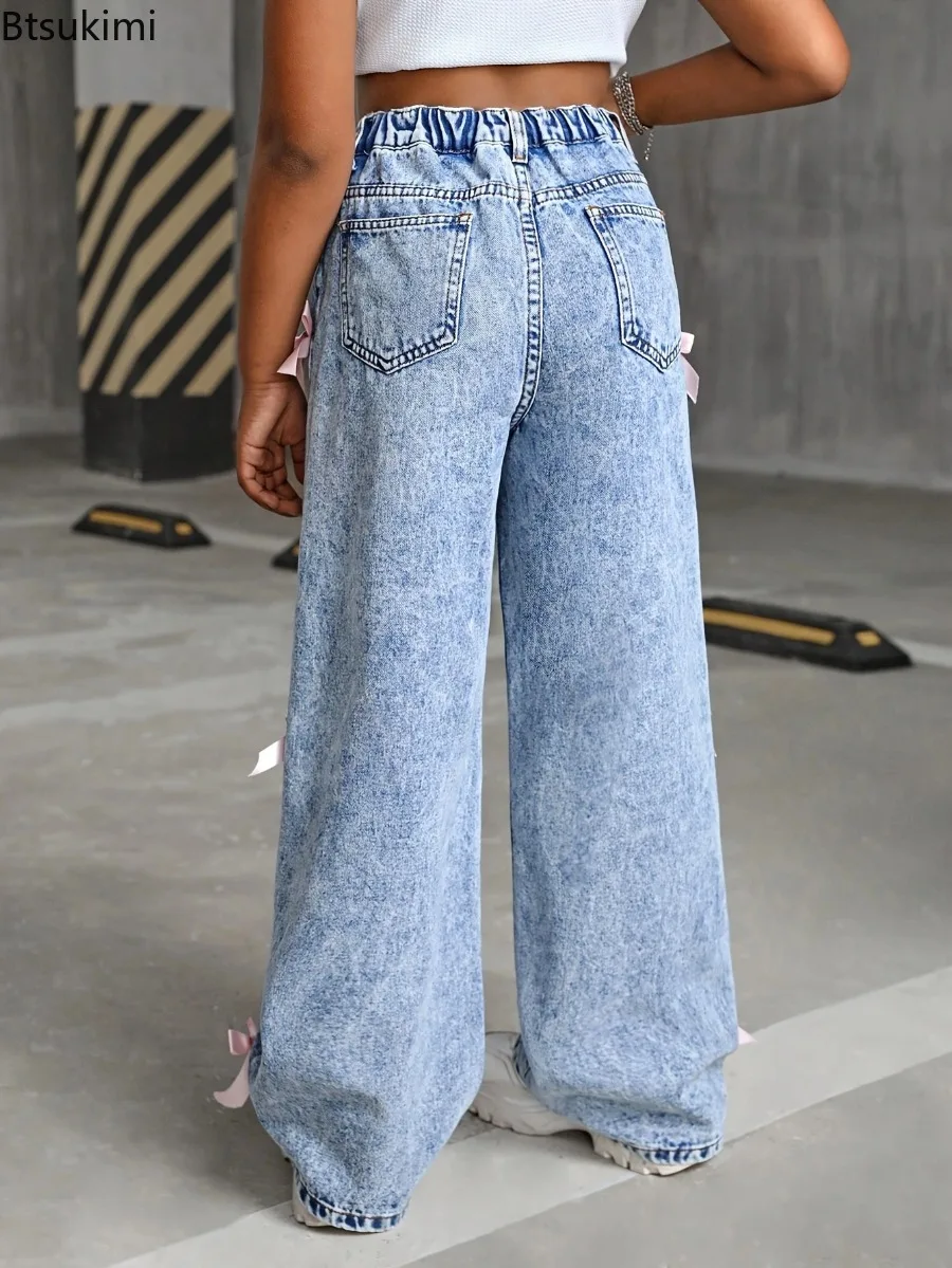 Kids Girl's Jeans Wide Leg Pants Bow Washed High Waist 2026 Streetwear Denims Distressed Vintage Straight Ankle Length Trousers