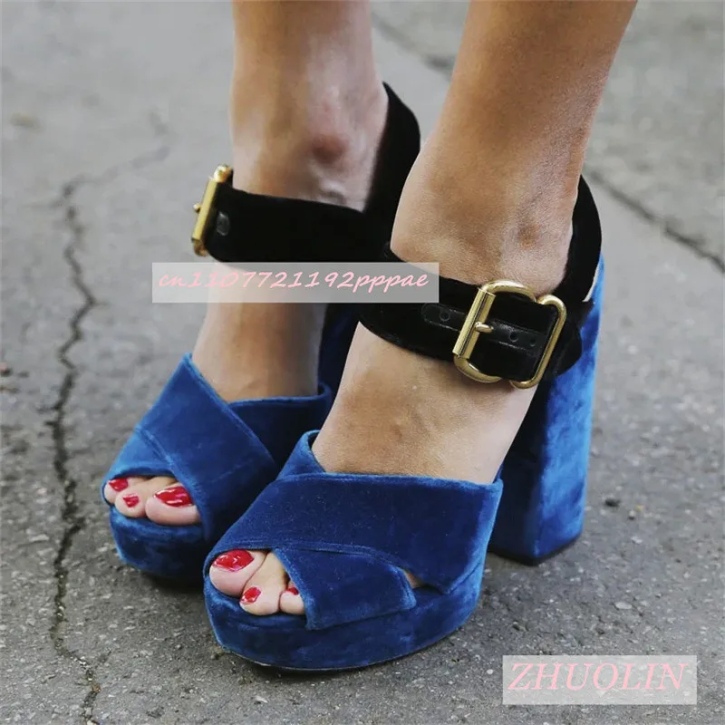 

Women'S Suede Blue Splicing Platform Shoes Open Toe Thick Heel Belt Buckle Sandals Elegant Luxury Party Big Size High Heels 43