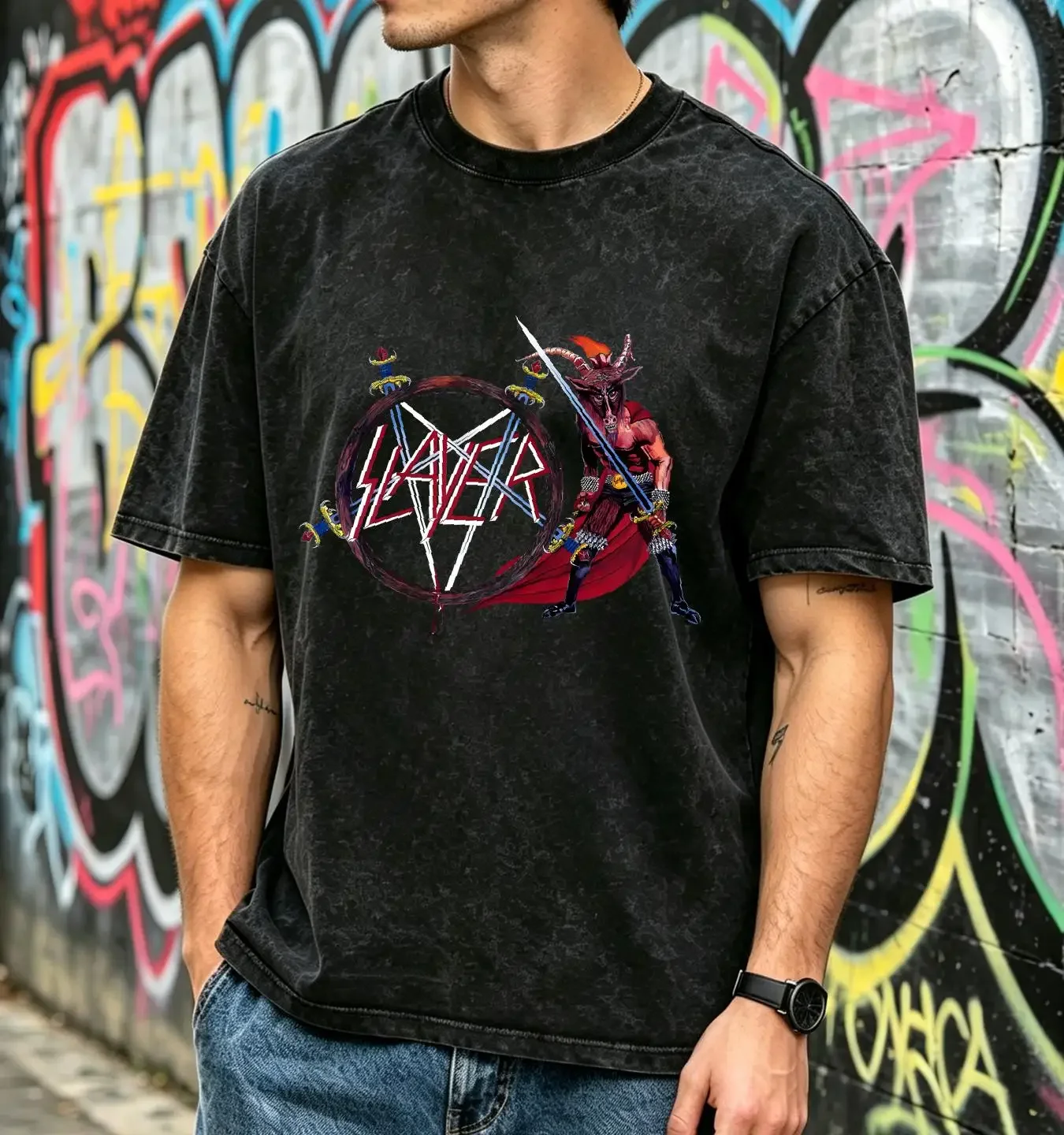 washed T Shirt slayer show no mercy vintage Washed Casual Soft streetwear Comfortable Unisex Stylish Stretched