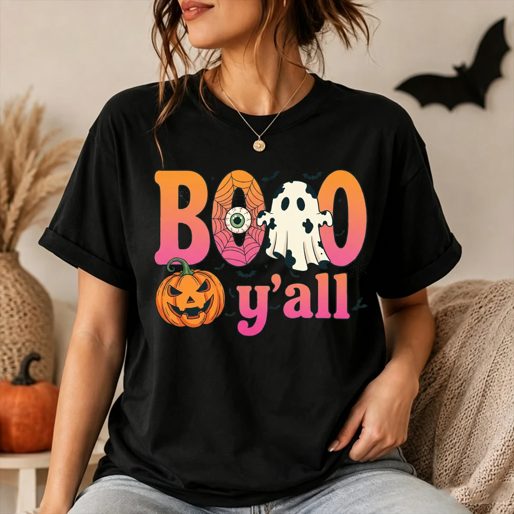 Boo Y'all Matching Shirts Couple Cotton Halloween Orange Black Graphic Tee Spooky Lovers Short Sleeve Fall Streetwear Fashion
