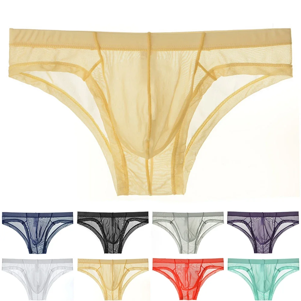 Mens Sheer Mesh Briefs Low-Rise Bulge Pouch Underwear Male Ultra-thin Erotic Panties See Through Underpants Breathable Knickers