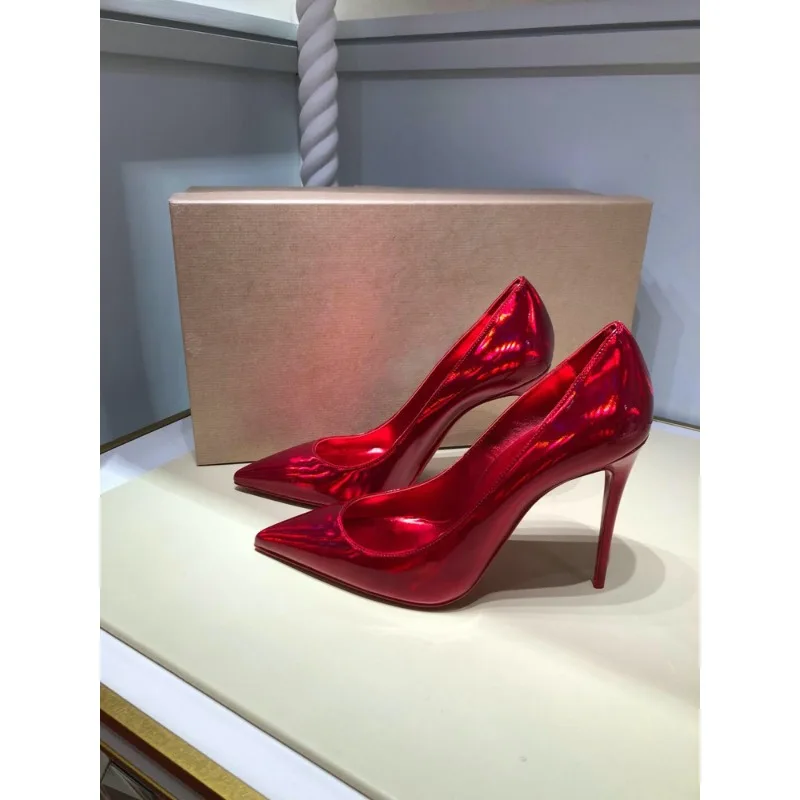 

Sharp pointed shallow mouth electric laser red high heels for women 2025 socialite sexy fashion show plus size single shoes