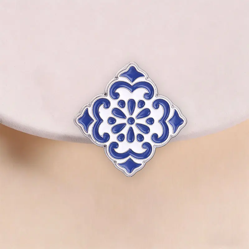 Retro Azulejo Pattern Enamel Pin Traditional Blue White Geometric Rhombus Brooches Lapel Badge Jewelry Gifts for Friends