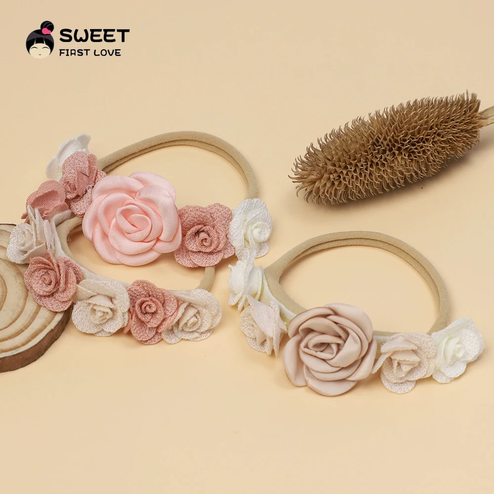 Artificial Floral Flowers Headband for Baby Girl Elastic Rubber Bands for Girls Hair Bands Seamless Soft Nylon Baby Accessories