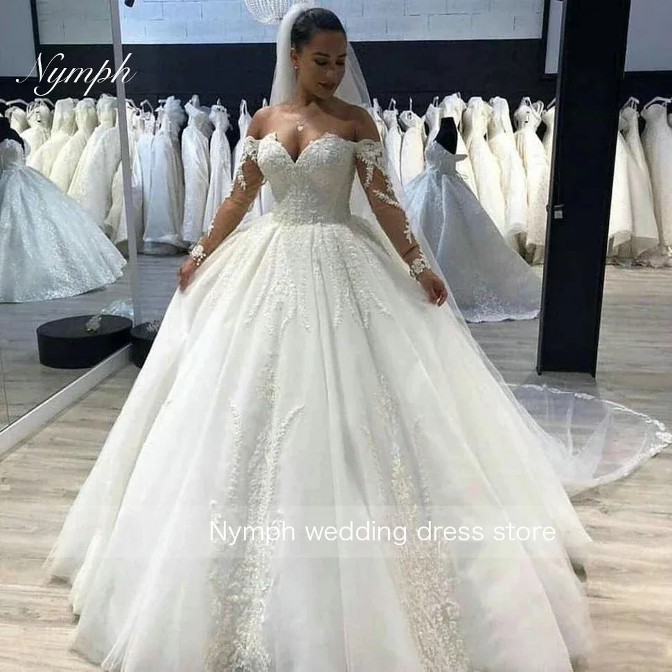 Customized White Off Shoulder Ball Gown Wedding Dress Lace Appliqued Bride Gowns Long Sleeve Sweetheart 2025Bridal Dresses