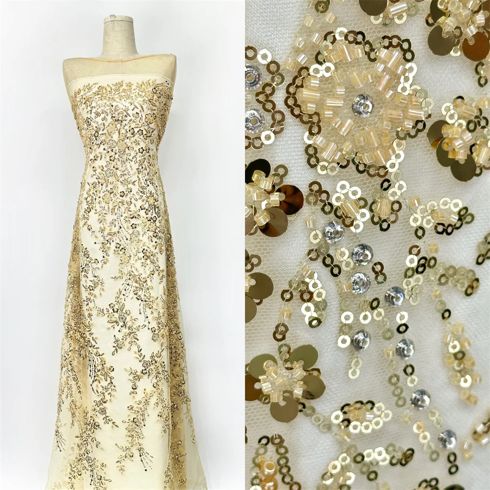 

Gold African Sequins Lace Fabric 2026 High Quality French Nigerian Groom Lace Mesh Fabrics Beads For Sewing Dress Wedding Party