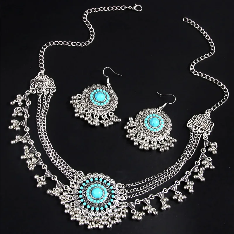 New Rhinestone Jewelry Sets Metal Beads Tassel Multilayer Necklace Earrings Set For Women Bijoux Statement Collar Necklace Set
