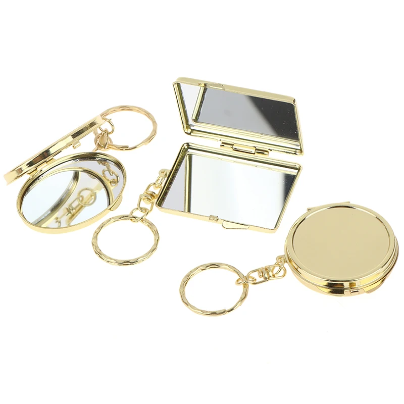 Gold Mini Folding Mirror Keychain Round/Heart/Oval Square Shape Double Sided Cosmetic Mirror Keyring Makeup Mirror Women Gift