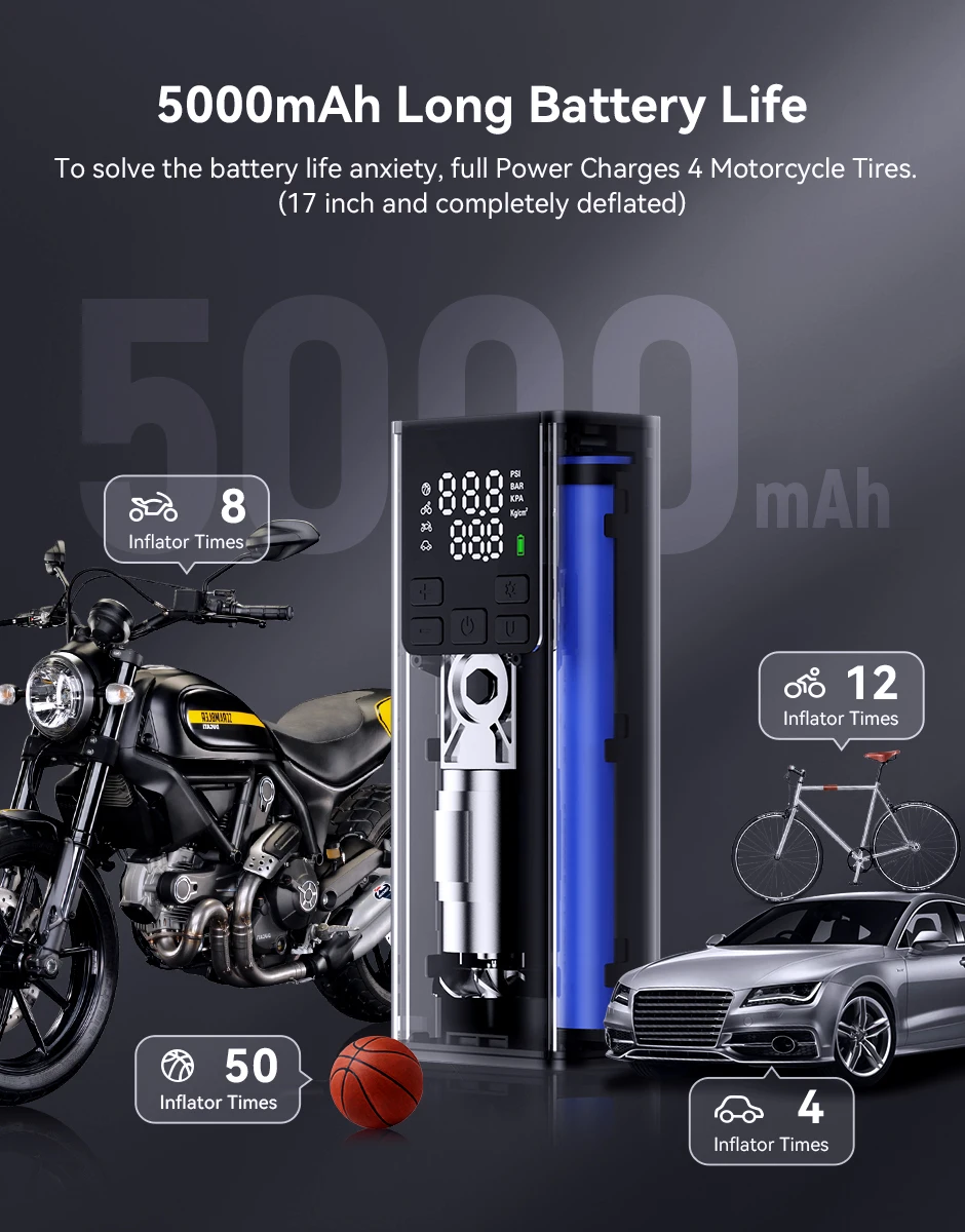 2022 Lexin P5 Smart Air Pump 5000mAh for Motorcycles Tire Inflator Bicycle Boat with LED Digital&Preset Pressure Inflation