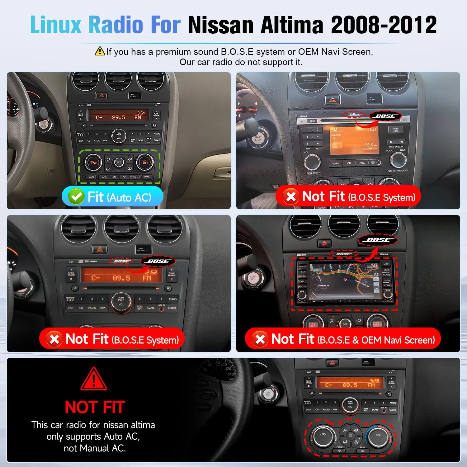 Double Din Linux Radio for Nissan Altima 2008 2009 2010 2011 2012 For Auto AC(Not Fit B.O.S.E&Large Screen)