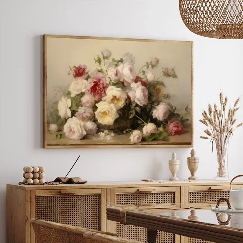 Tulip Bouquet White Peonies Pink Rose Canvas Painting Vintage Floral Poster Print Still Life Antique for Living Room Home Decor