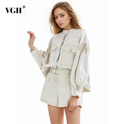 VGH Solid Loose Two Piece Set Women Stand Collar Long Sleeve Spliced Pockets Top High Waist Wide Leg Shorts Casual Sets Female