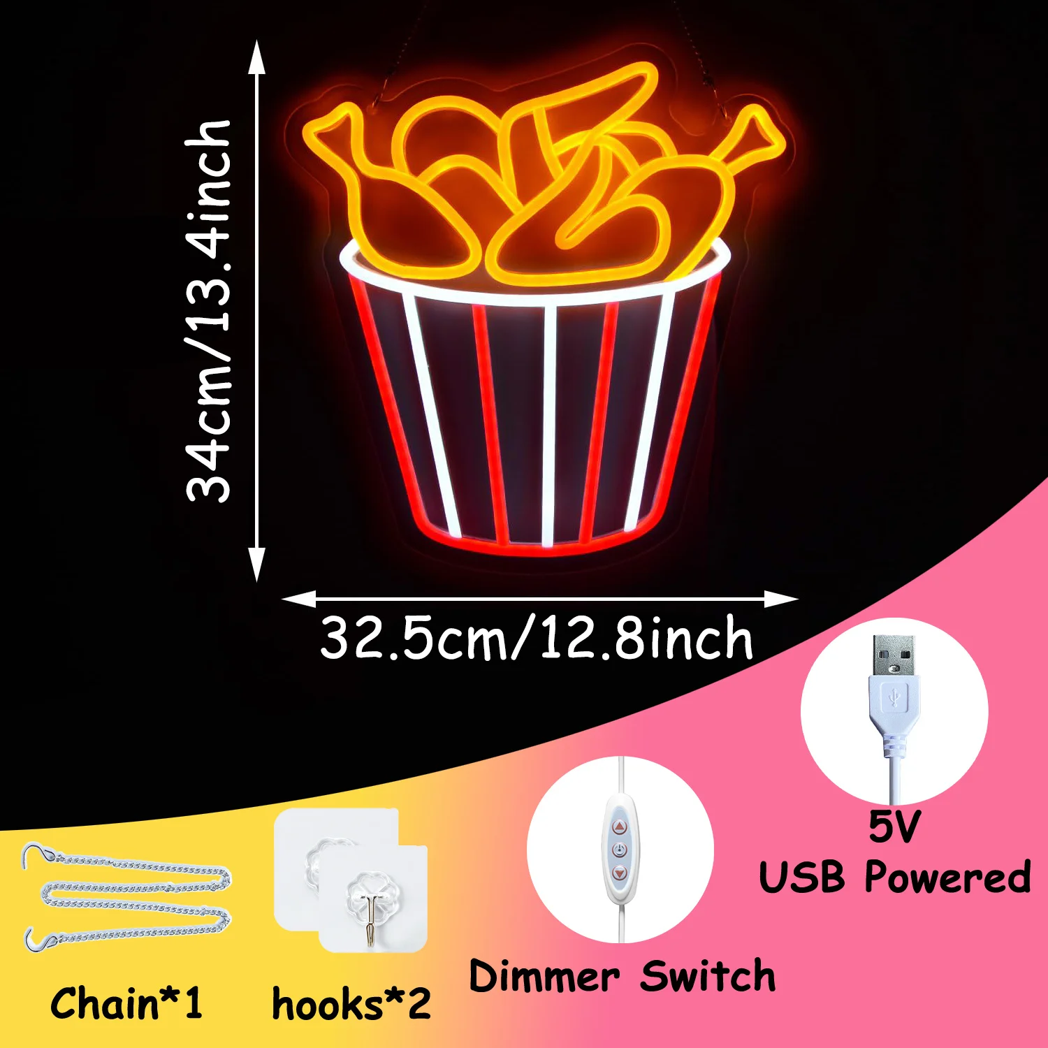 نيون LED للدجاج المقلي، نيون LED قابل للتعتيم يعمل بمنفذ USB، مناسب لمطاعم الوجبات السريعة والحفلات وديكور جدار البار